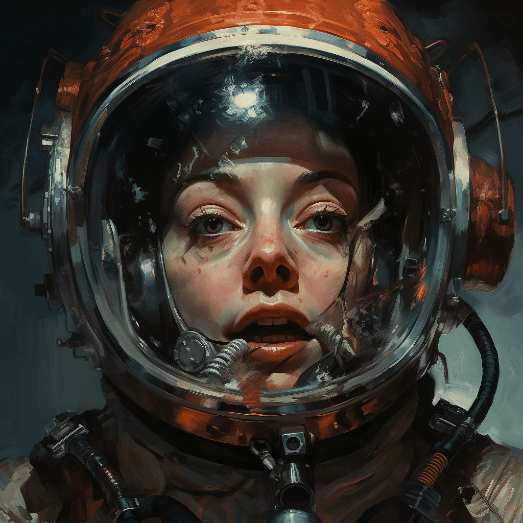AI generated: close-up of a monster person:: wearing an astronaut's helmet. In the style of retro scifi terror mag...