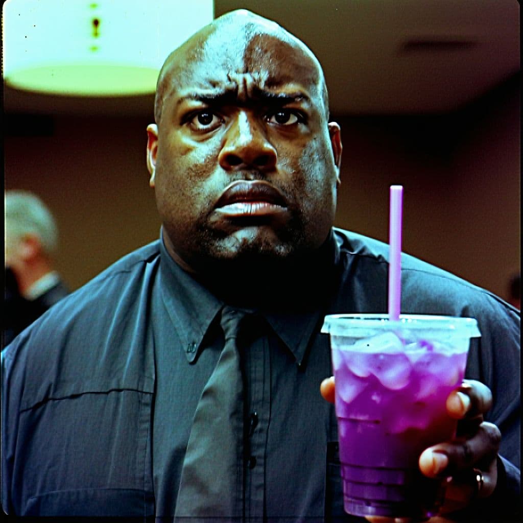AI generated: grainy 80's photograph quality polaroid of big fat bald anxious fearful black man being court-marsha...