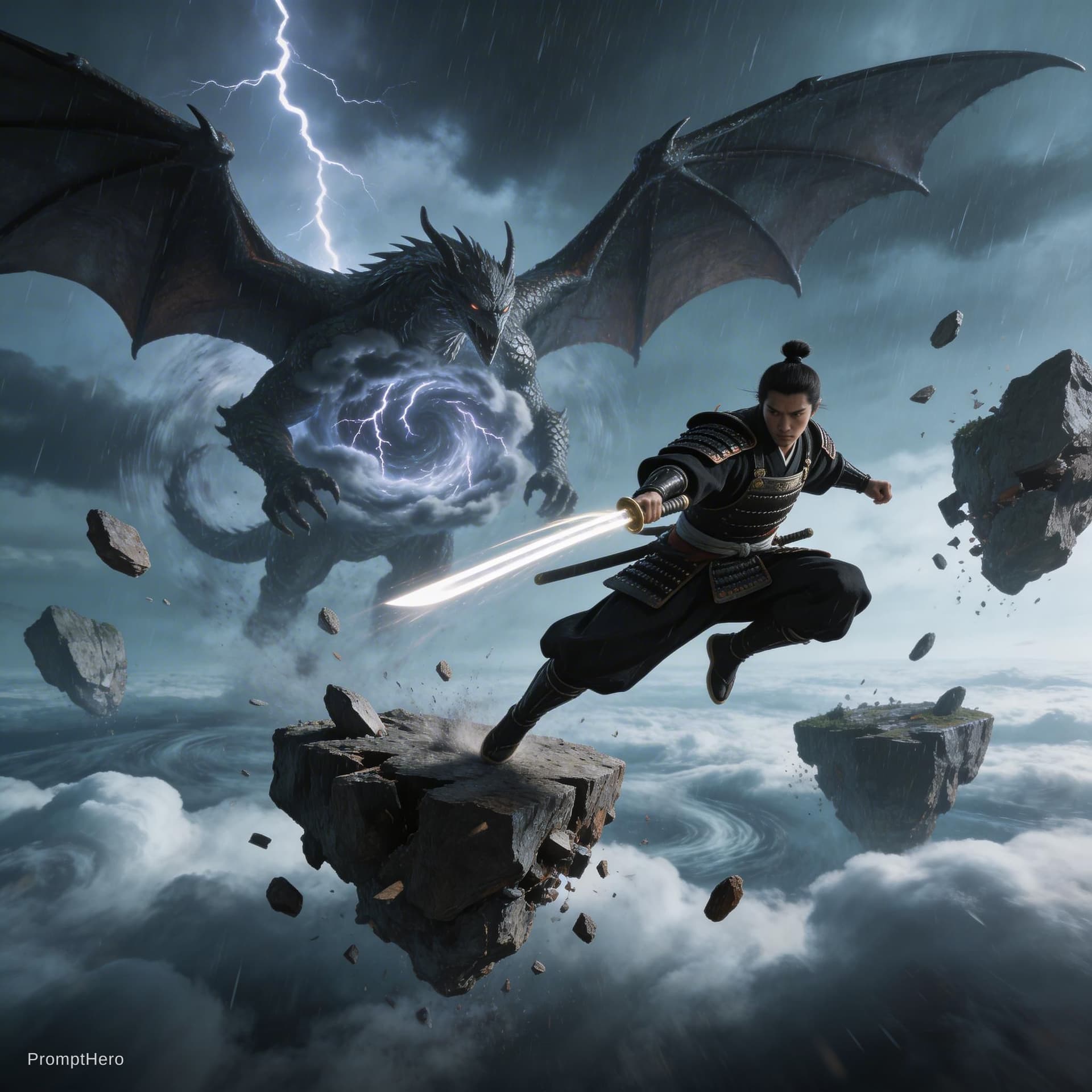 AI generated: A surreal battlefield in the sky: floating rock islands drifting through a thunderstorm, clouds swir...