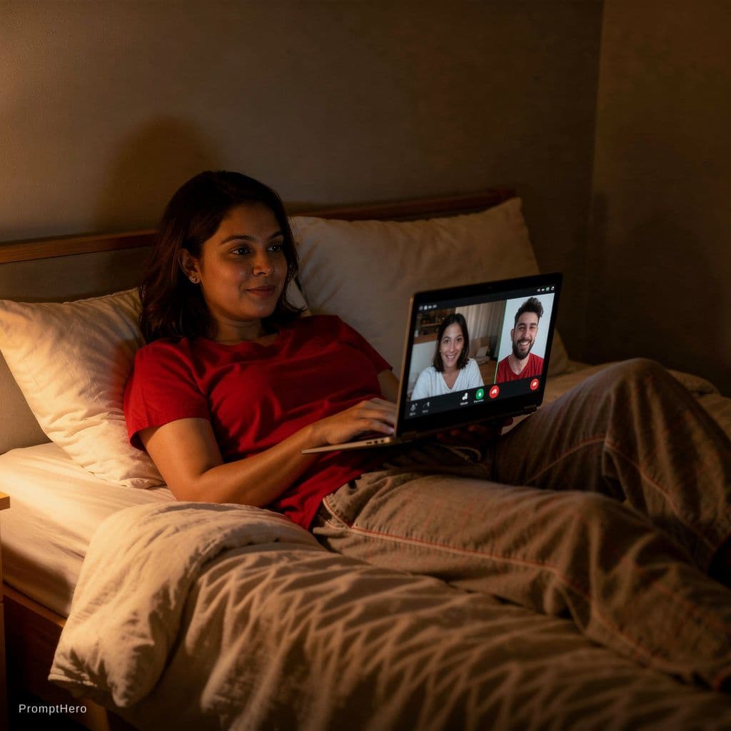 AI generated: laying down on bed,room night time with low lights,video call with boyfriend,This view is from hidde...