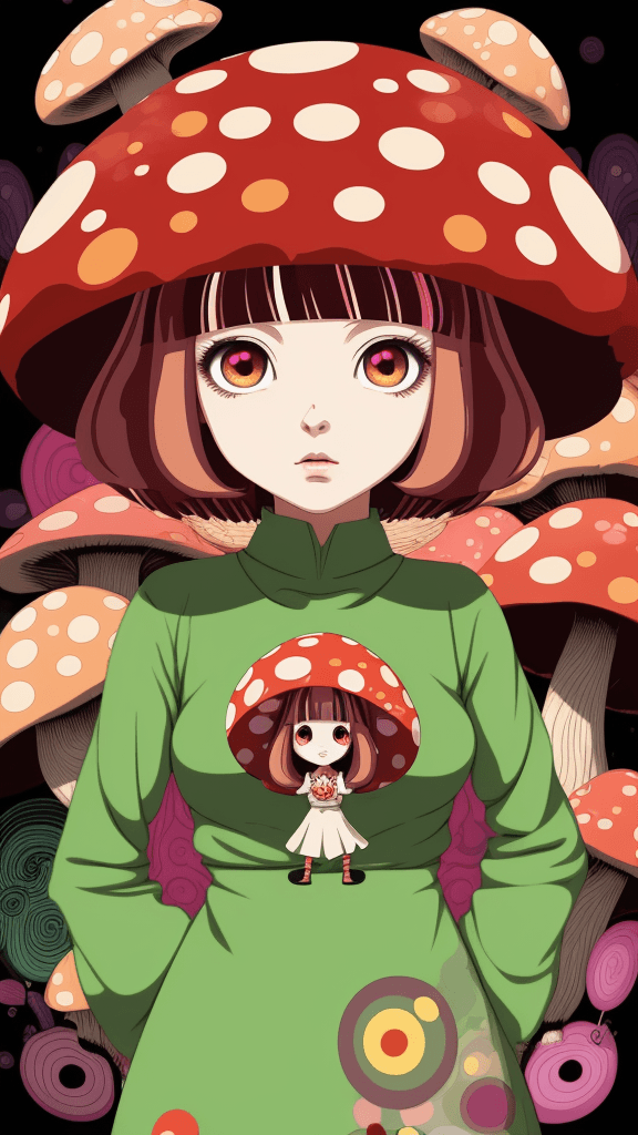 AI generated: in a funky background portrait of little mushroom woman. Prominent eyes, funky background, illustrat...