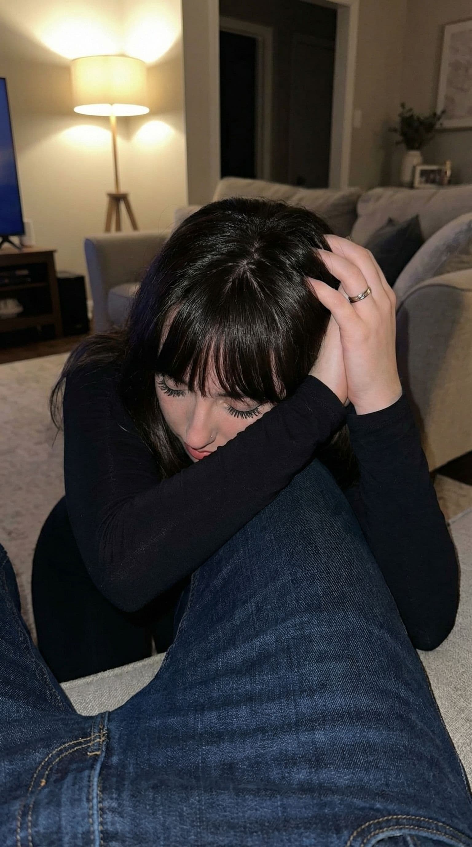 AI generated: A pov view of a woman seen giving a deepthroat blowjob to a tall man with a large, circumcised penis...