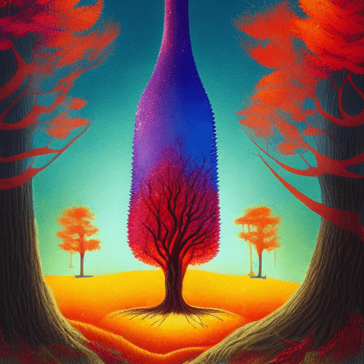 AI generated: An imaginary bottle is bursting with fiery trees and surrounded by land, in the style of dreamlike i...