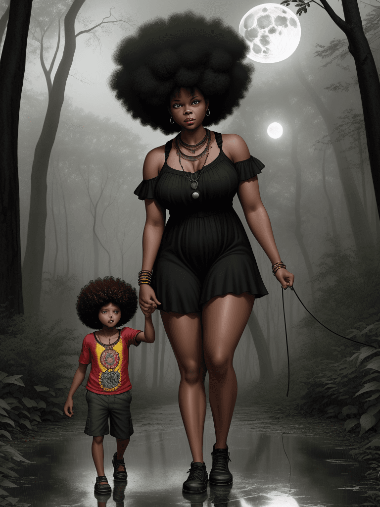 AI generated: black woman and son, walking in the forest,curly  afros, woman in sundress, child in shorts, america...