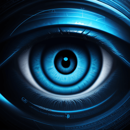 AI generated: An abstract logo in blue tones featuring an eye being unveiled with references to data and technolog...