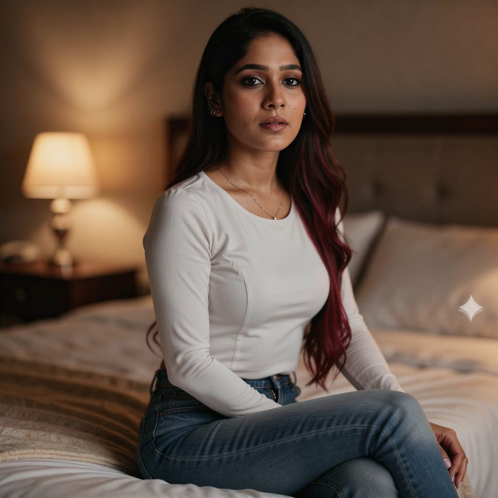 AI generated: Transfer uploaded image to reference,
A fit adult woman with soft, natural skin tones sits on a bed ...