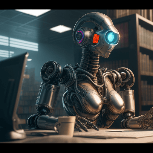 AI generated: High resolution photography, library, ChatGPT, robot, cyberpunk, 
8k, intricate detail, photorealist...