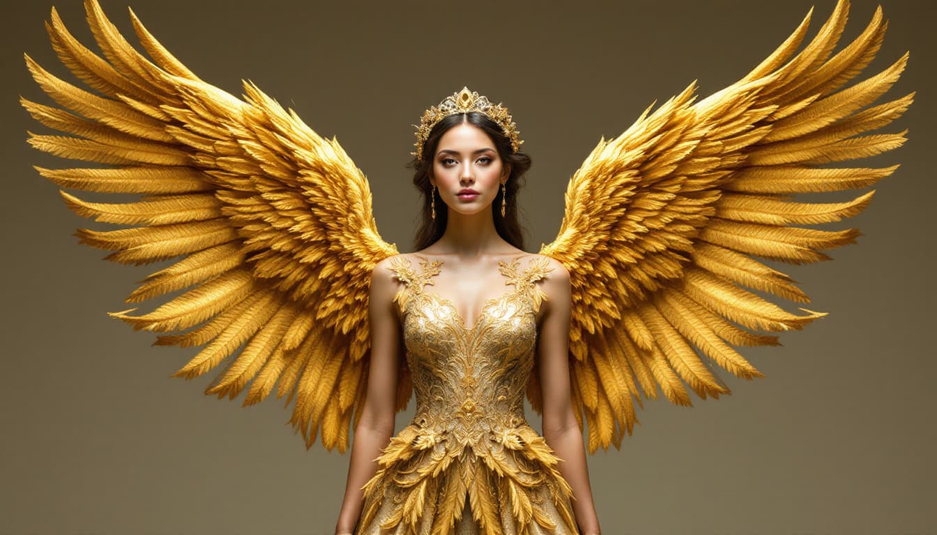 AI generated: A woman adorned in a golden, intricately designed gown that cascades down to the ground. She is also...