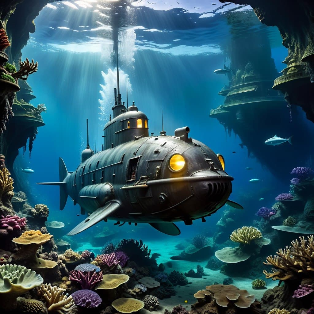AI generated: Steely explorer (submarine:1.2), navigating the inky depths, a realm alive with aquatic behemoths, (...