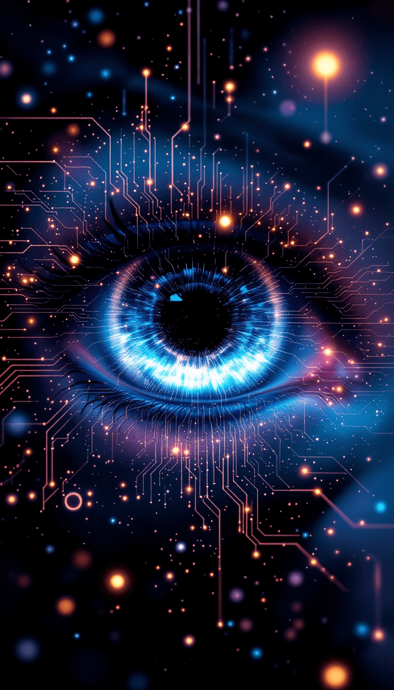 AI generated: A singular, large eye is the central focus, the iris a vortex of swirling gases and stars in deep bl...