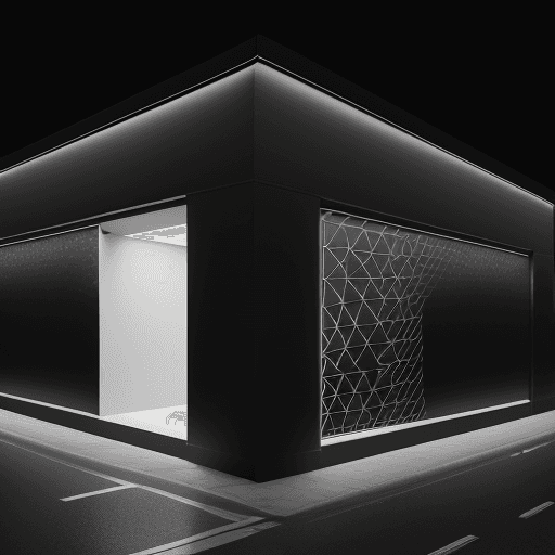 AI generated: photorealistic, canon EOS 5d, minimalistic retail shop facede design, black semi glossy color on fac...
