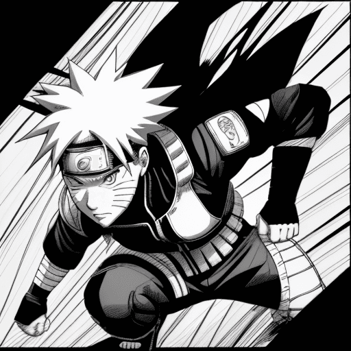 AI generated: a comic drawing of Naruto, close up shot, in the style of Neal Adams , black background, low angle v...