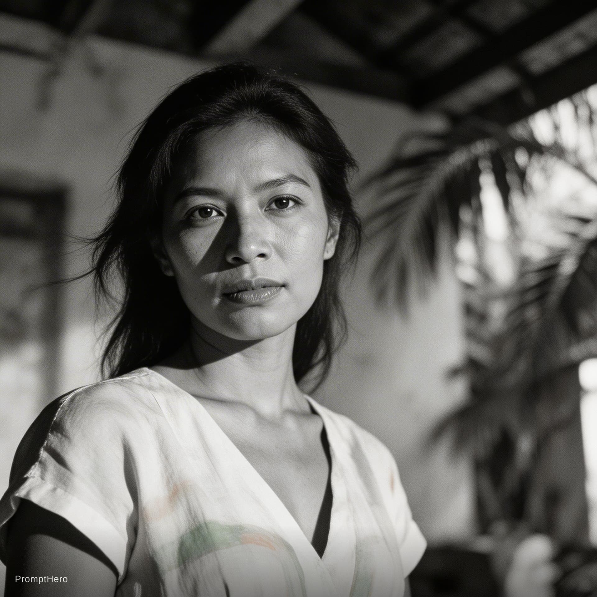AI generated: A Southeast Asian woman, age 39, natural and unidealized, heavy bust, wearing a white half-open clas...