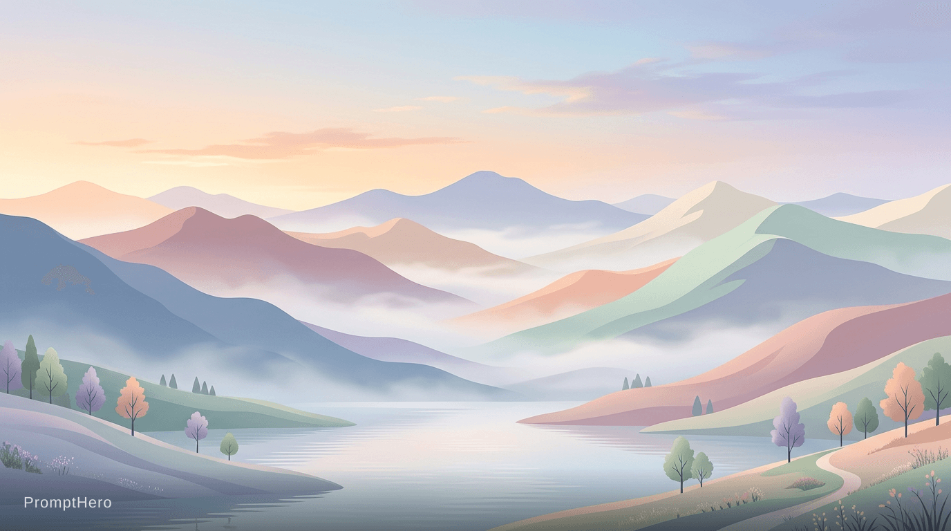 AI generated: minimalist mountain landscape, soft pastel colors, misty valleys, calm and peaceful