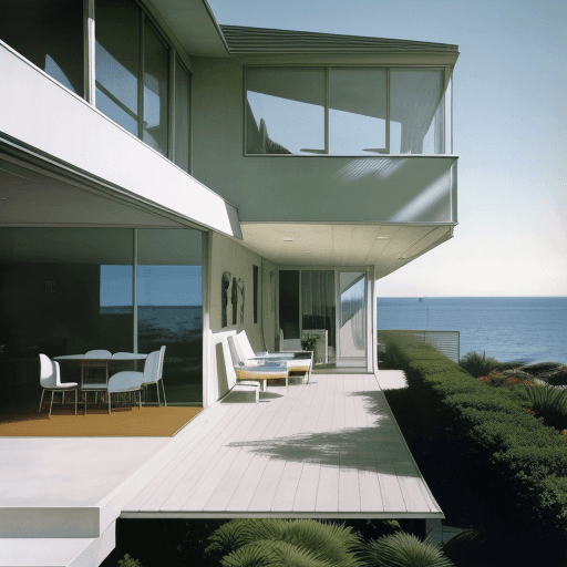 AI generated: Hyper realistic eye level exterior photo of a mid century modern style house overlooking the ocean, ...