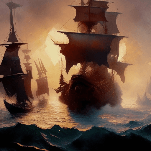 AI generated: oil painting with heavy impasto of a pirate ship and its captain, cosmic horror painting, elegant in...
