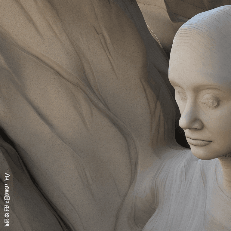 AI generated: art statue in cliffs, in the style of realistic hyper-detailed portraits, cryengine, detailed facial...
