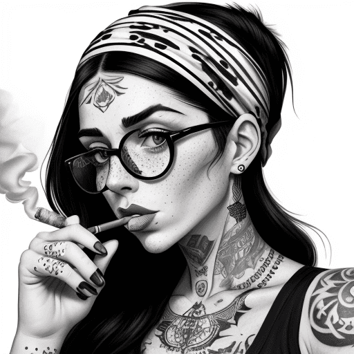 AI generated: detailed black and white drawing of an attractive woman with freckles, wearing large round glasses, ...