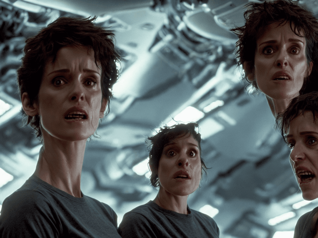 AI generated: epic cinematic 8k wallpaper of Winona Rider as Ellen Ripley,
face resolute and serious.
from Alien m...
