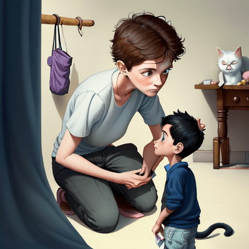 AI generated: The image is from the mother's point of view. A young boy showing his empty pockets to his mother. H...