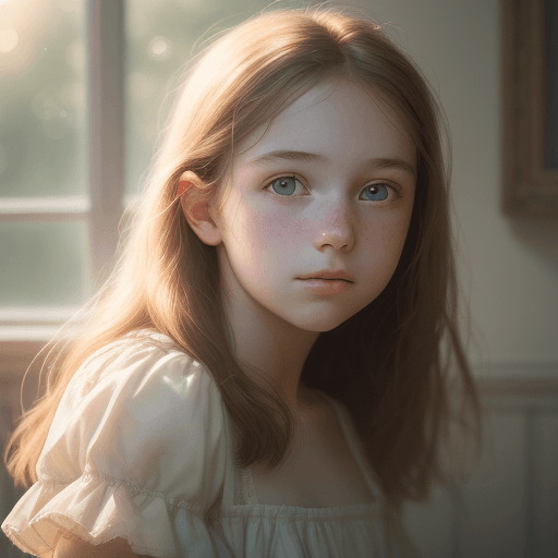 AI generated: portrait of a young girl, looking at viewer, 16 years old, 85mm, f/1. 4, sunshine on her face, soft ...