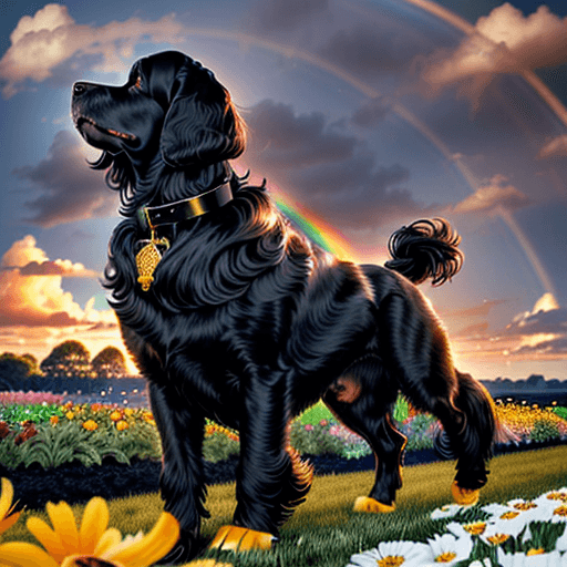 AI generated: photo of In the vast golden sky, an all-black Cocker Spaniel walks gracefully among the soft clouds,...