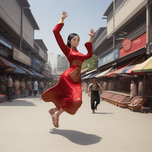 AI generated: 
lady bayamah asian dress walking in the center of parkour city at market place lot of people and po...