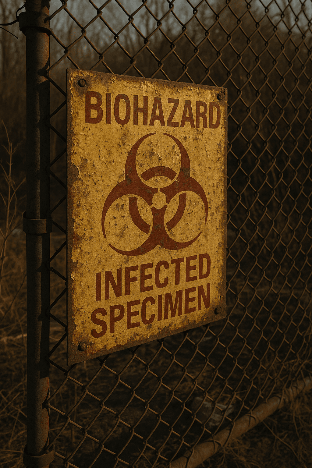AI generated: A weathered, slightly rusted metal biohazard warning sign affixed to a chain-link fence in a desolat...