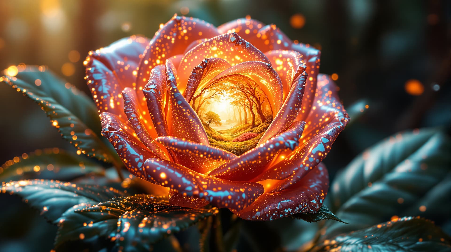 AI generated: A hyperrealistic macro photo of a rose crafted from shimmering metallic and translucent materials. W...