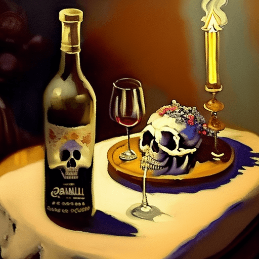 AI generated: An Impressionist painting featuring an ornate table. On the table: a skull with a laurel crown, an e...