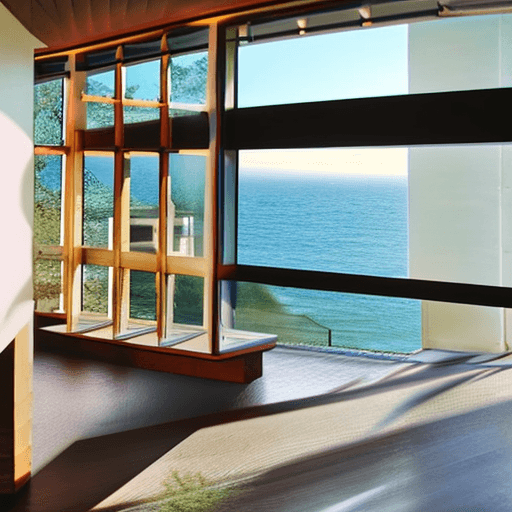 AI generated: photo of a mid century modern style house overlooking the ocean, daylight, indirect lighting