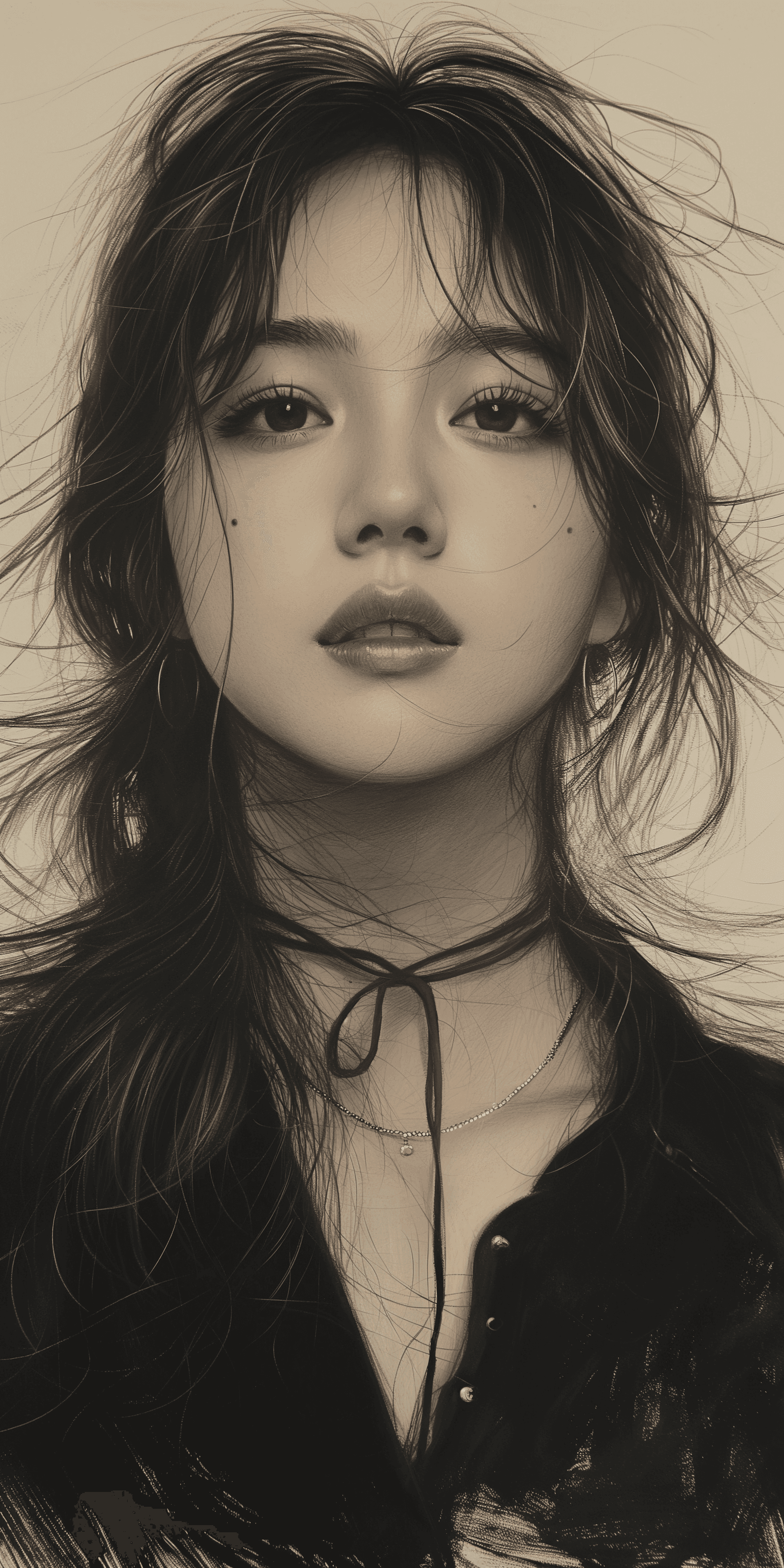 AI generated: a beautiful drawing of a girl in black and white, in the style of gongbi, dark silver and light pink...