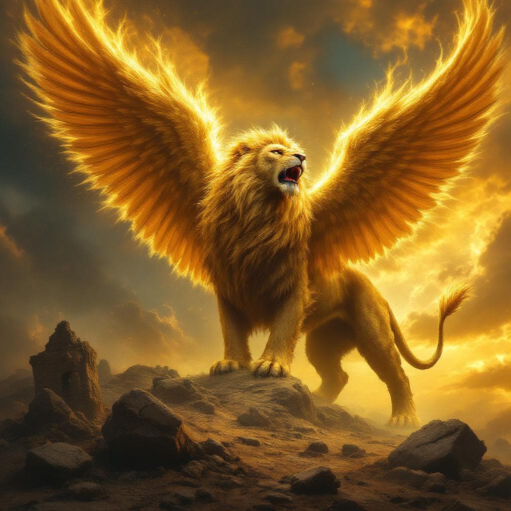 AI generated: A massive golden lion with powerful eagle wings emerging from its back, wings slightly raised as if ...