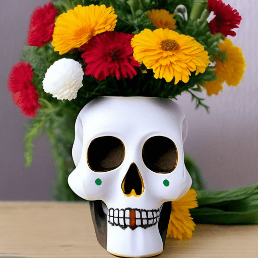 AI generated: white vase, colorful marigolds, day of the dead small skull