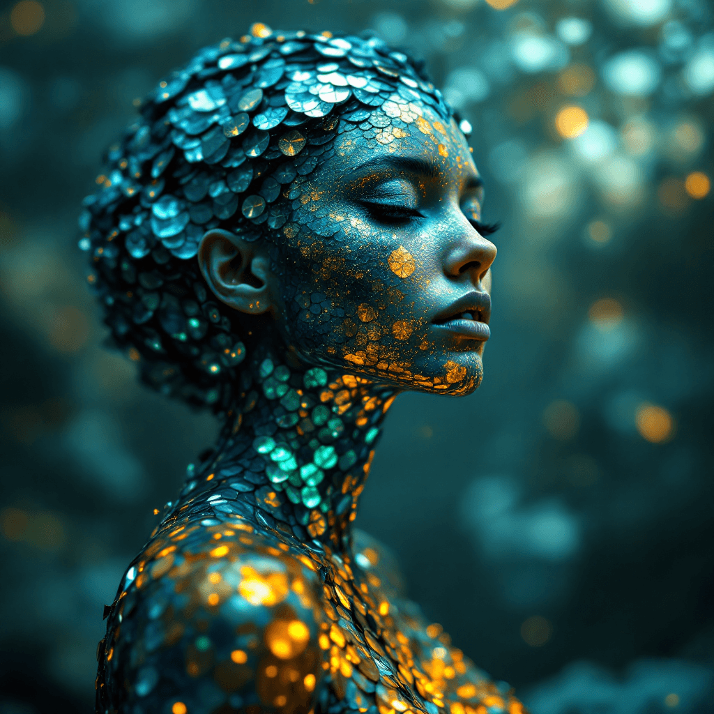 AI generated: A woman made of shimmering scales, changing color with her mood, rendered with photorealistic detail...