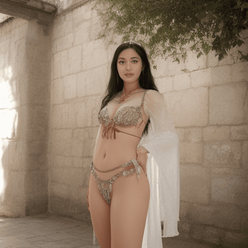 AI generated: A beautiful Japanese woman with hip length raven hair stands posed elegantly, in a medieval castle c...