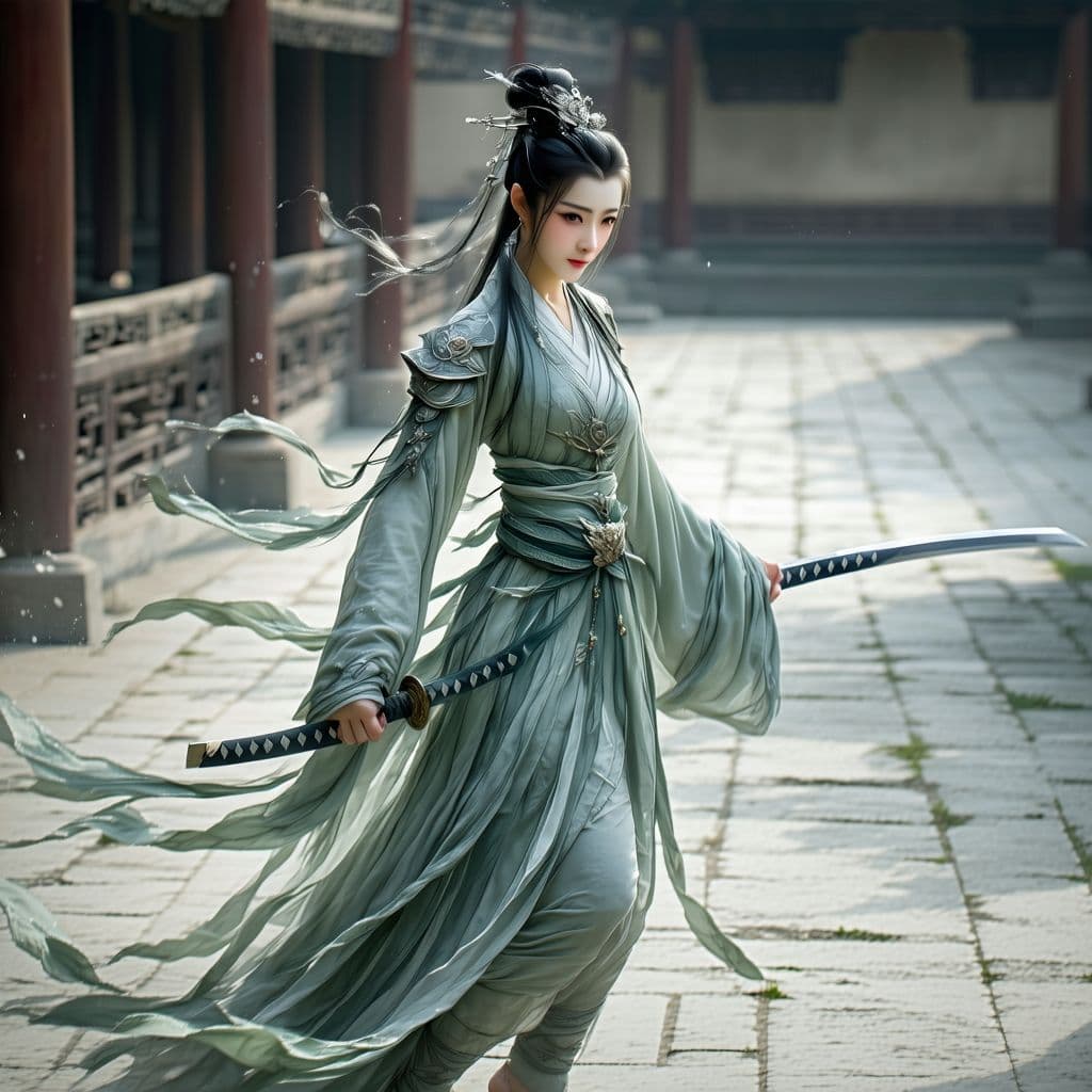 AI generated: Graceful Chinese warrior, Amazon inspiration, barefoot, full body view, focus on perfect feet perfec...
