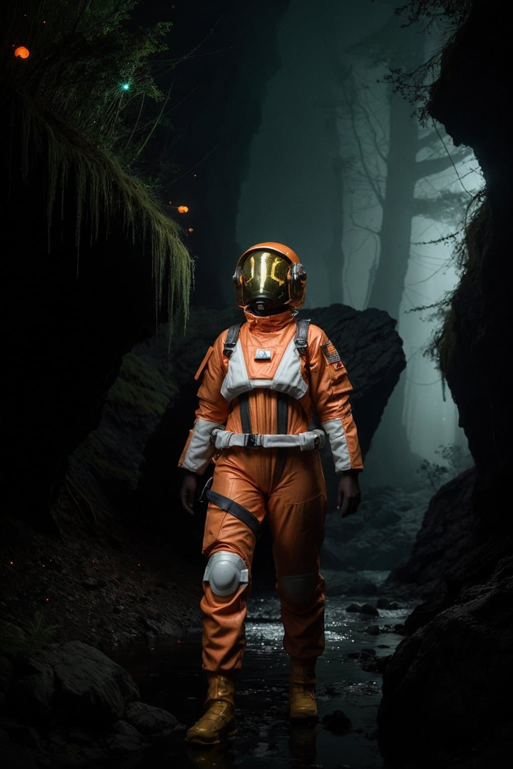 AI generated: classicnegative photo, a female space soldier wearing an orange and white space suit exploring a riv...