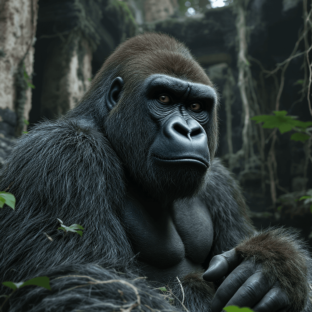 AI generated: Large, mature gorilla, dark gray-blue fur, intense gaze,  low angle close-up,  sitting in a dilapida...