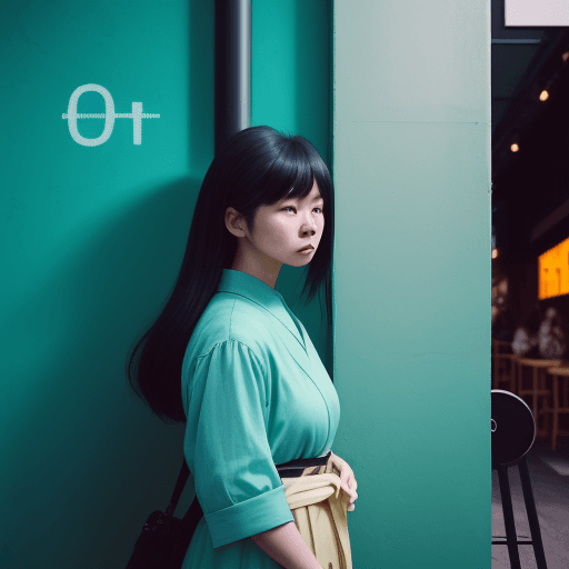 AI generated: a 50 year woman standing in front of a wall at a cafe, in the style of mamiya 7 ii, neo-pop sensibil...