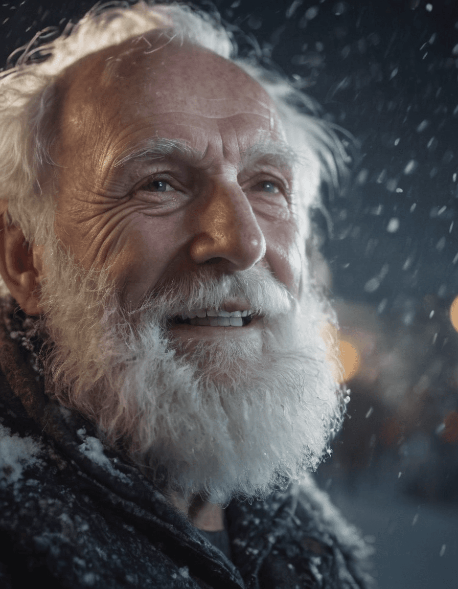AI generated: full body shot of smiling old man with frozen skin at winter night, snow storm, frost on eyebrows, e...