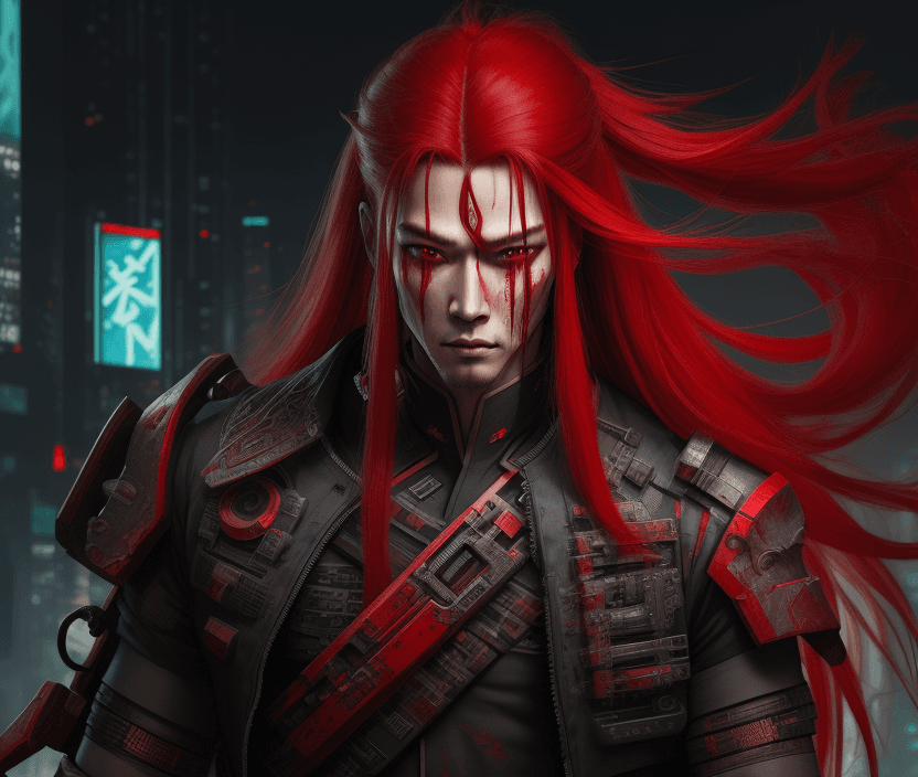 AI generated: Cyberpunk, traditional clothes, chinesse, red long hair, male, high resolution, Bloodlust in eyes