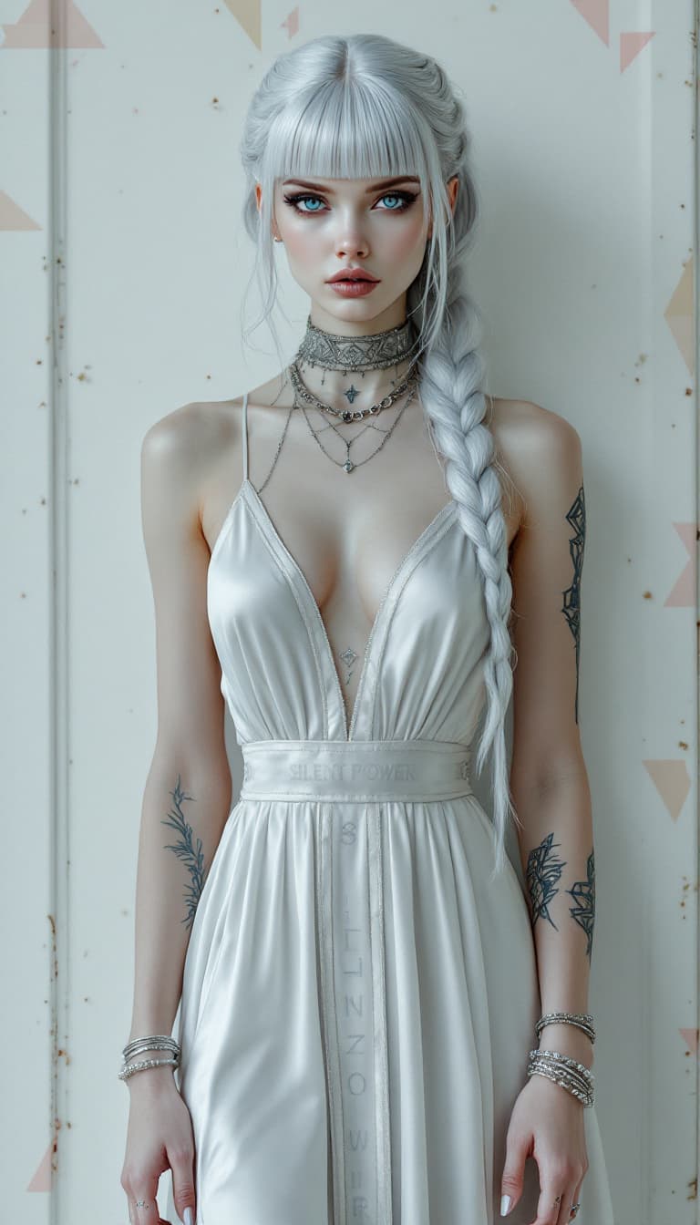 AI generated: A hyper-realistic portrait of a female goth character with porcelain white skin and sleek, silver ha...
