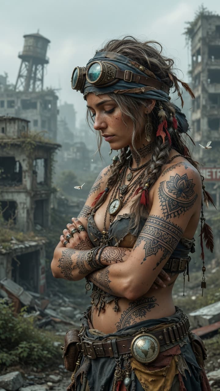 AI generated: A highly detailed ultra-realistic photograph of a beautiful young athletic woman in a desolate post-...