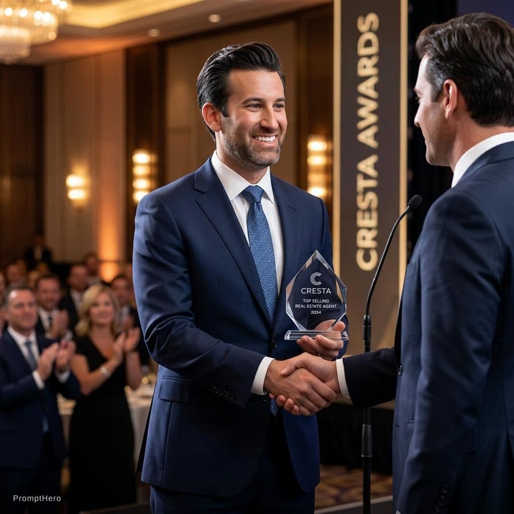 AI generated: “Ultra-realistic corporate award ceremony portrait of a young professional man standing on a formal ...