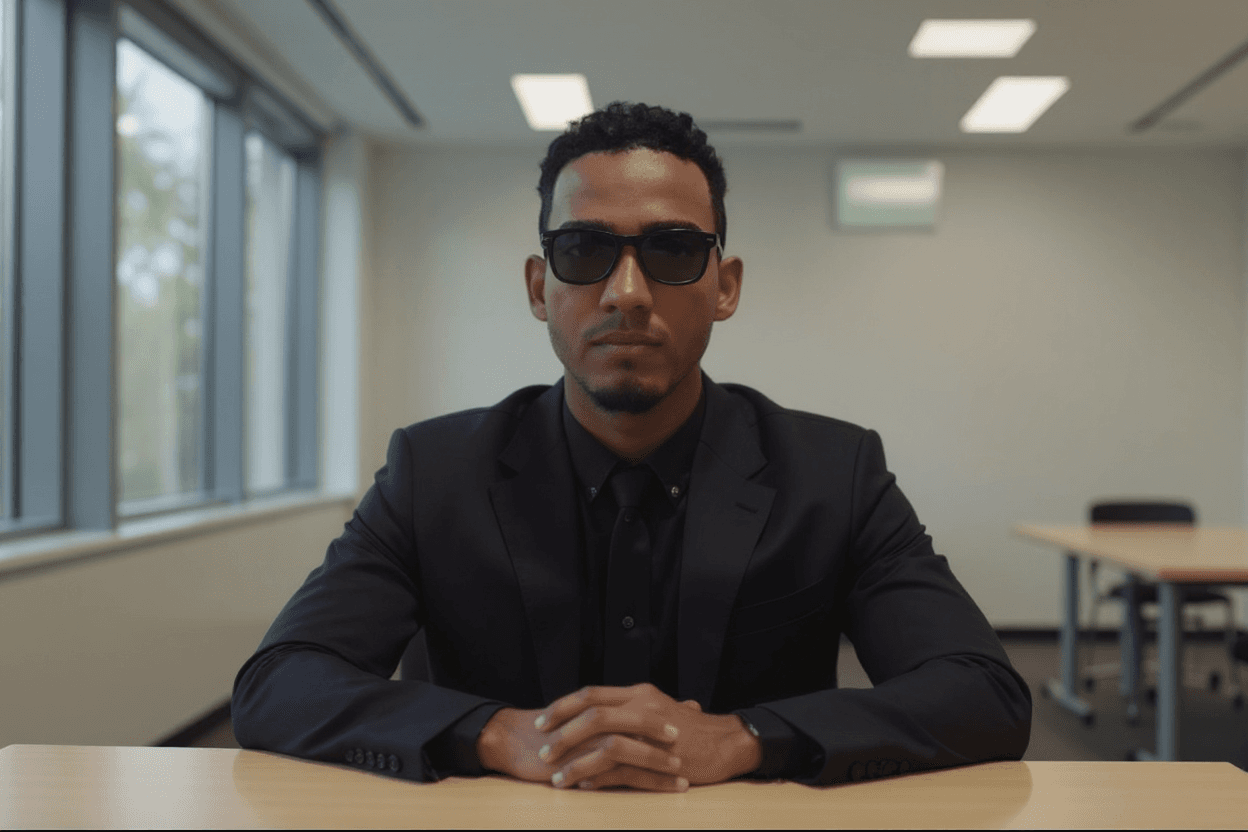 AI generated: Restore the image to show the subject clearly, dress him in a black suit and smaller black sunglasse...