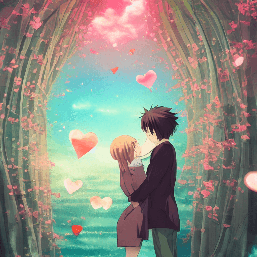 AI generated: anime art, adorable young couple showing affection and love, romantic, floating hearts, detailed, ci...