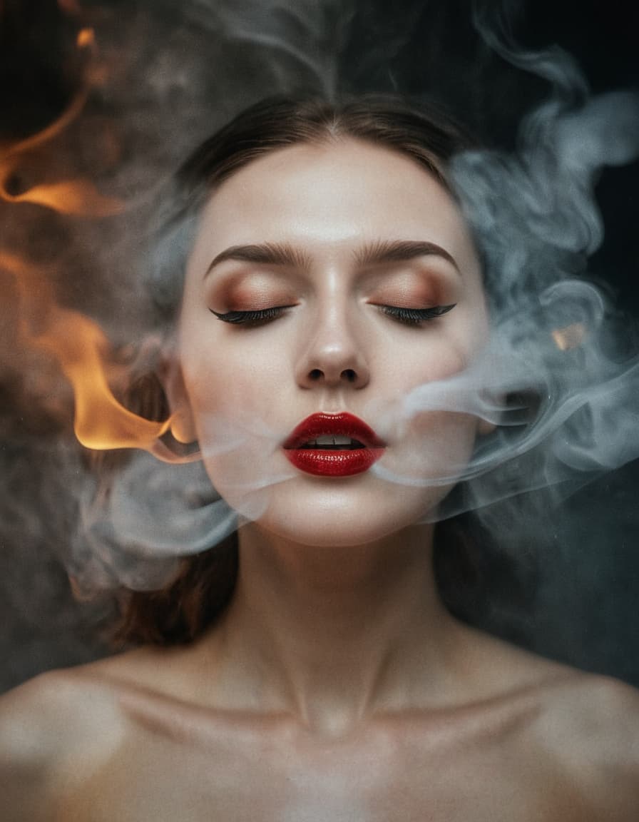 AI generated: photograph close up of a beautiful Caucasian woman from below, closed eyes, calm, burning, very intr...