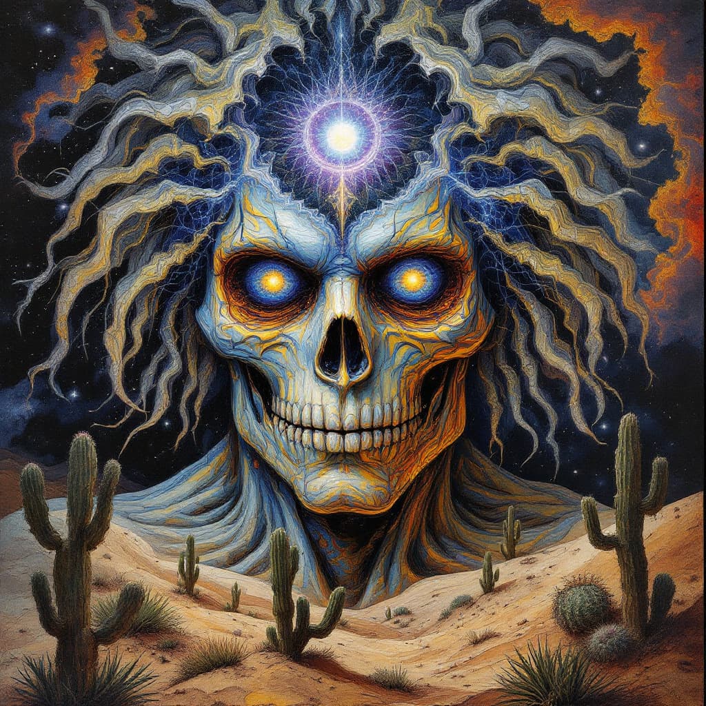 AI generated: grateful dead frontman jerry garcia portrait, peyote cactus desert, oil painting of gloomy abstract ...