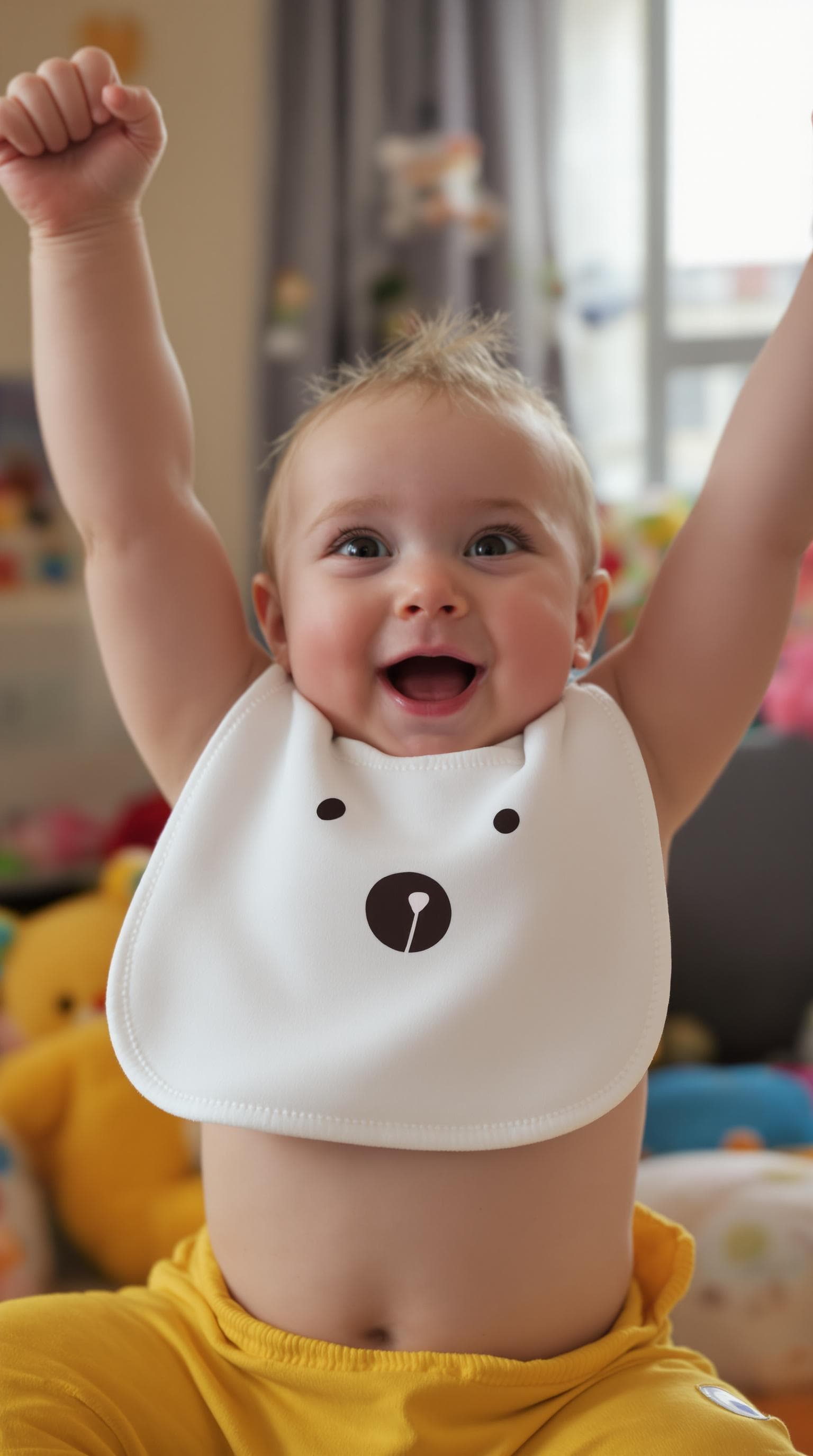 AI generated: A hyper-realistic portrait of a joyful baby inspired by JJ from Cocomelon; light skin with rosy chee...